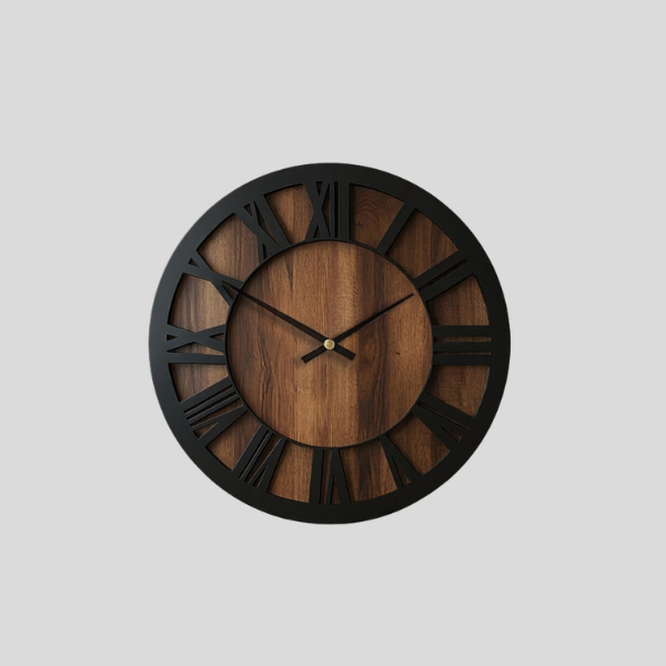 Tivoro Roman Wall Clock – Round Wood Metal Rustic Farmhouse Living Room Bedroom Silent Decorative