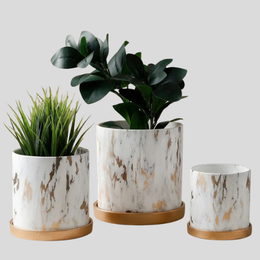 Birchlyn Ceramic Planter Set – White Gold Marble Indoor Decorative Planters Bamboo Saucer Drainage