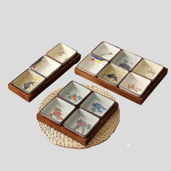 Hanami Ceramic Sauce Dish Set – Japanese Hand-Painted Small Serving Bowls Wooden Tray Appetizer Condiment