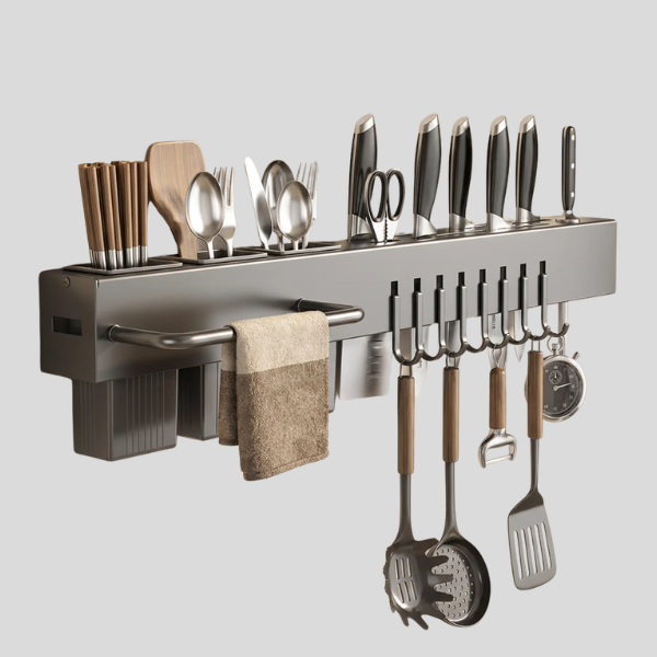 Valdren Multi Kitchen Organizer – Wall Mounted Knife Holder Utensil Rack Storage Aluminum Space Saver