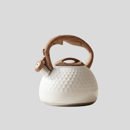 Honeycomb Tea Kettle – Stainless Steel Stovetop Whistling Teapot Wood Handle White Modern Kitchen