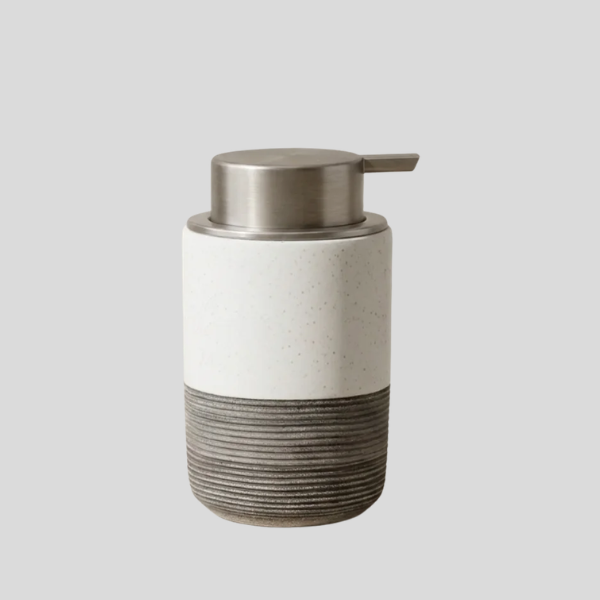 Stratum Ridge Soap Dispenser – Ceramic Bathroom Pump Bottle Matte White Gray Textured Kitchen