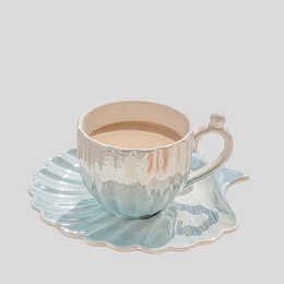 Marelia Shell Tea Cup Saucer Set – Ceramic Iridescent Coastal Kitchen Decor Tableware Coffee Mug