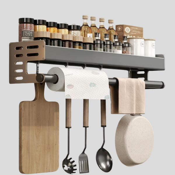 Ferris Glide Kitchen Wall Rack – Wall Mounted Spice Rack Paper Towel Holder Utensil Storage Organizer