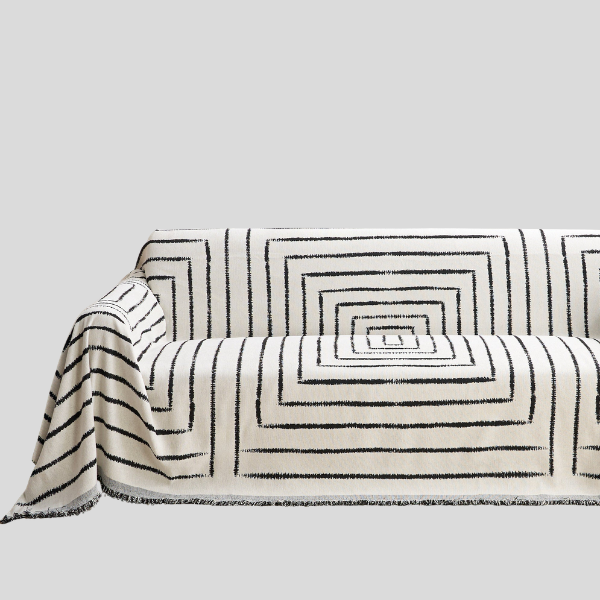 Concentric Geometric Throw Blanket – Modern Black White Striped Cotton Sofa Couch Bed Decorative