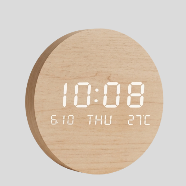 Tempus Round Digital Clock – LED Wooden Alarm Clock Temperature Display Bedroom Office Desk Decor