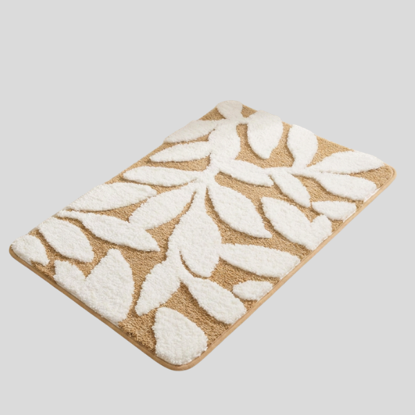 Palmera Botanical Bath Mat – Microfiber Non Slip Bathroom Rug Soft Absorbent Washable Beige White Leaf