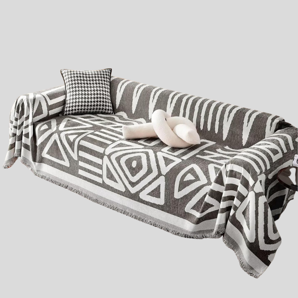 Kintara Sofa Throw – Geometric Tribal Pattern Couch Cover Grey White Cotton Woven Blanket Living Room