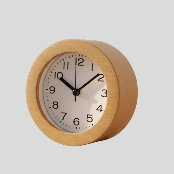 Orblen Desk Clock – Round Wood Analog Alarm Clock Silent Bedroom Bedside Table Decor
