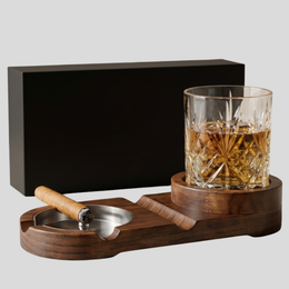 Valdero Cigar Ashtray Set – Walnut Wood Crystal Glass Whiskey Holder Luxury Smoking Accessories Gift