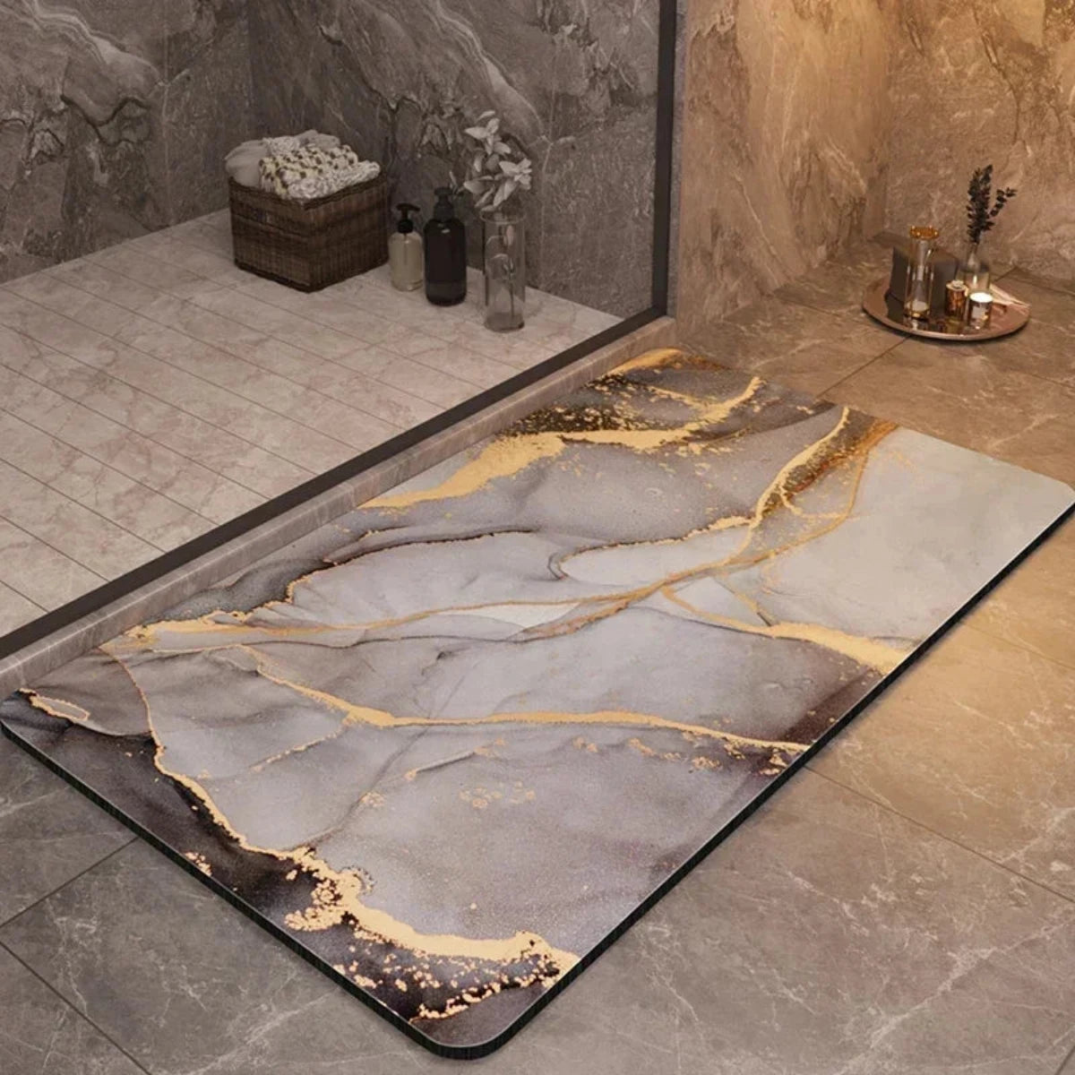 Velanor Marble Bath Mat – Non Slip Rubber Backed Absorbent Quick Dry Bathroom Floor Rug