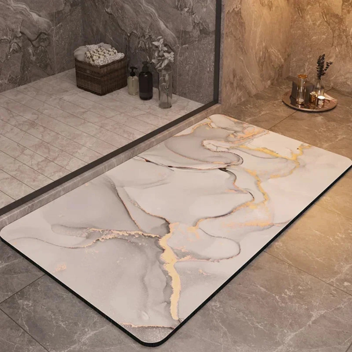 Velanor Marble Bath Mat – Non Slip Rubber Backed Absorbent Quick Dry Bathroom Floor Rug
