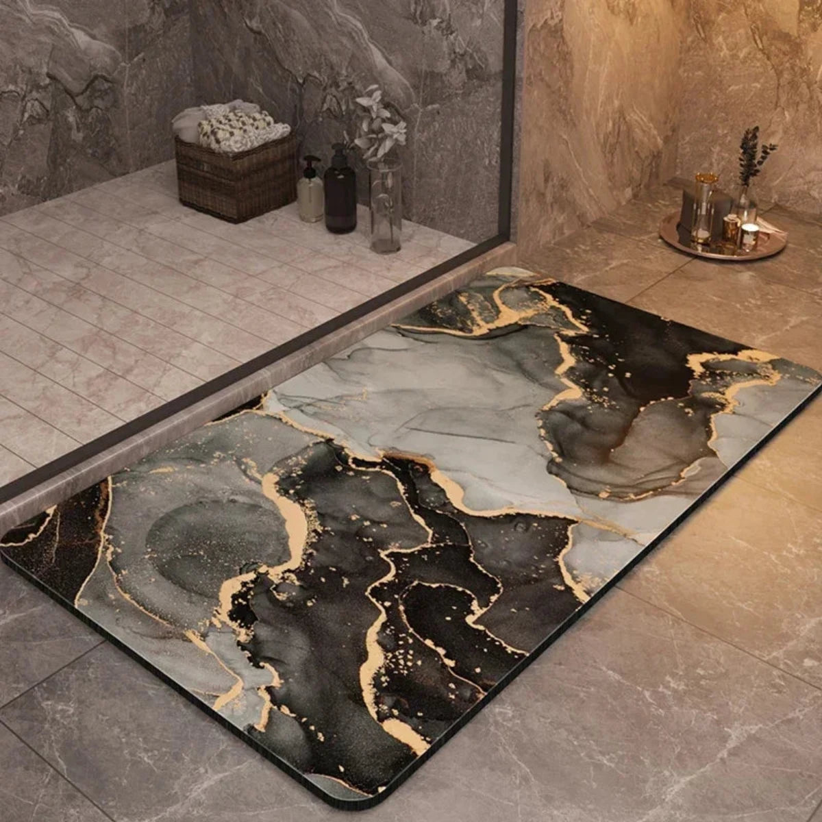 Velanor Marble Bath Mat – Non Slip Rubber Backed Absorbent Quick Dry Bathroom Floor Rug