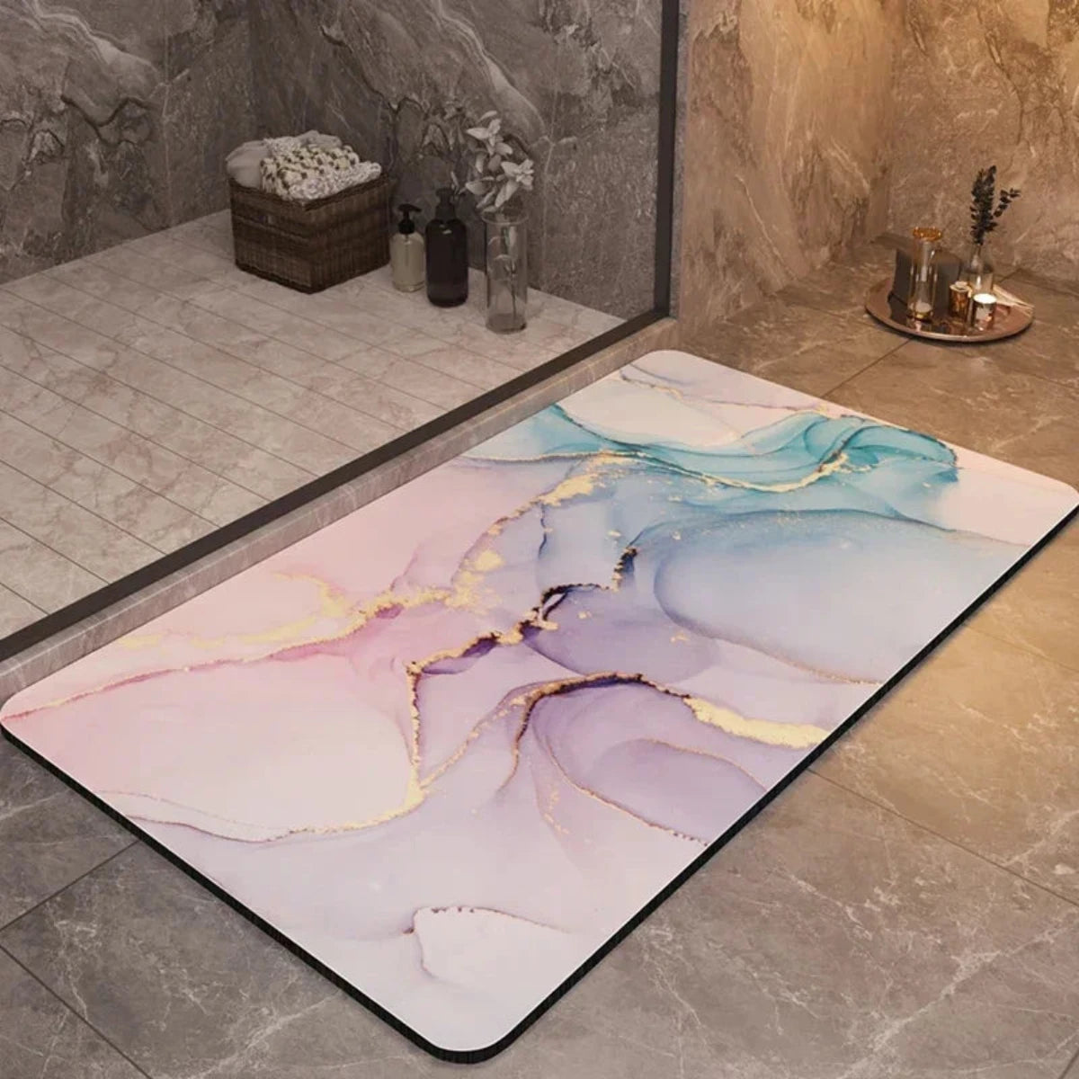 Velanor Marble Bath Mat – Non Slip Rubber Backed Absorbent Quick Dry Bathroom Floor Rug