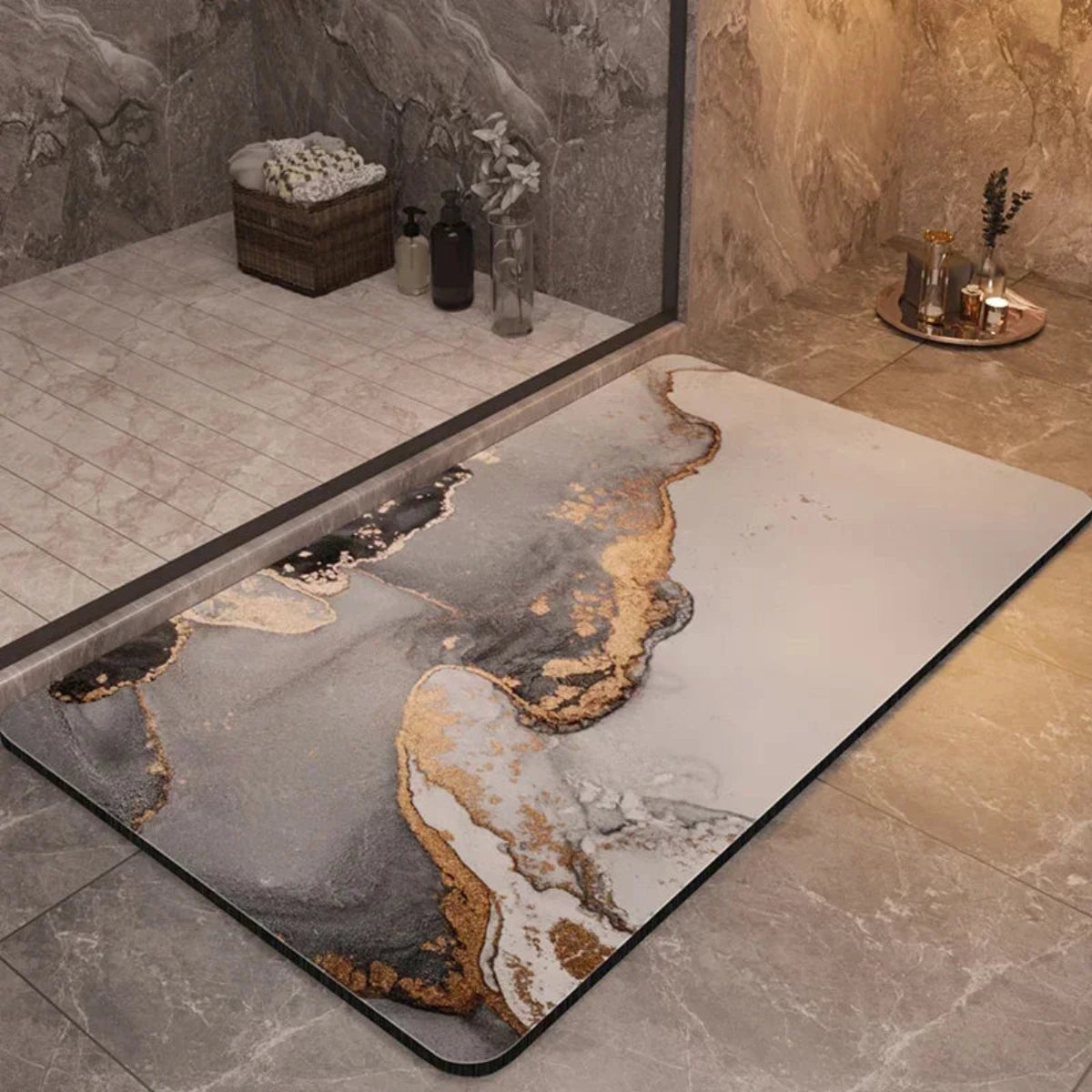 Velanor Marble Bath Mat – Non Slip Rubber Backed Absorbent Quick Dry Bathroom Floor Rug