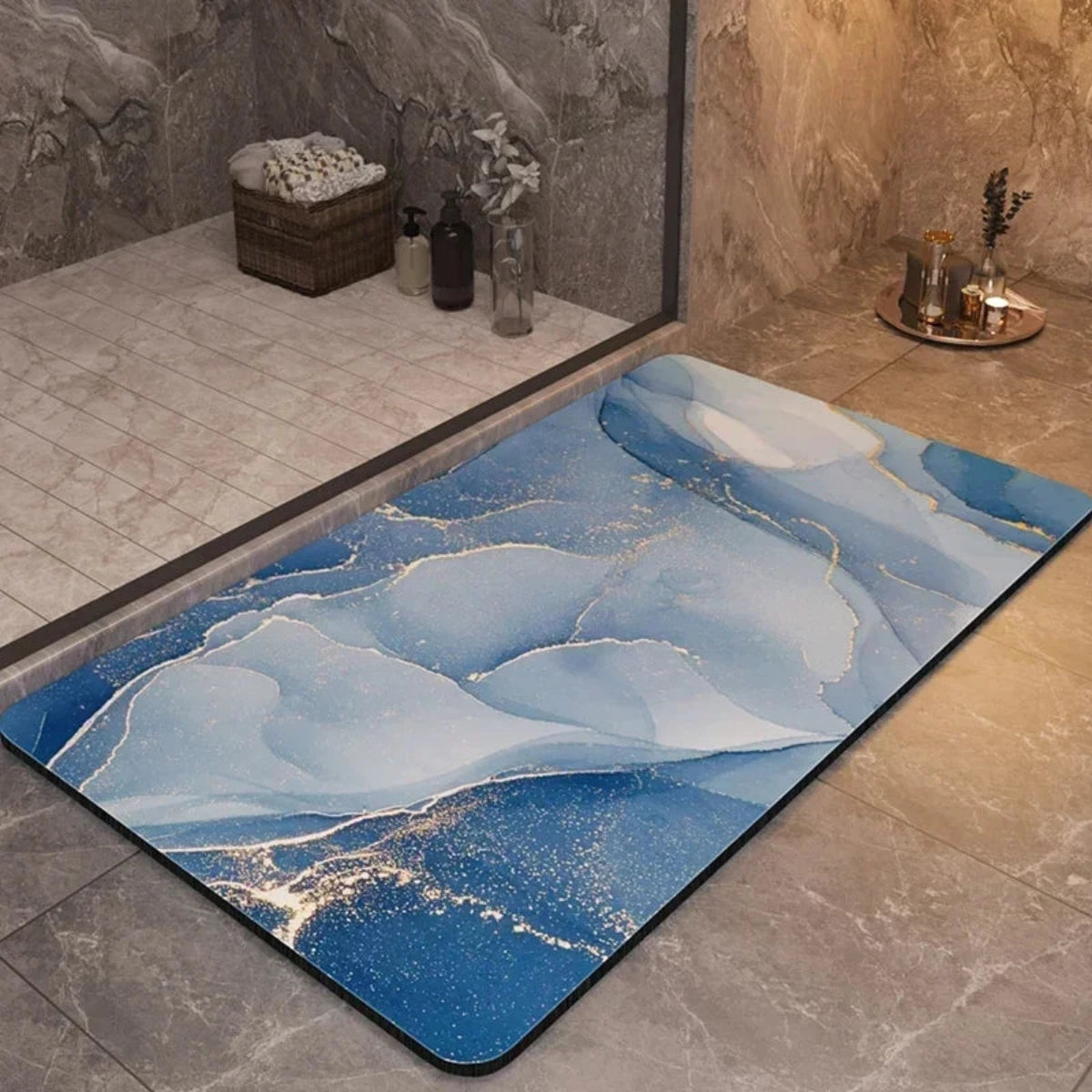 Velanor Marble Bath Mat – Non Slip Rubber Backed Absorbent Quick Dry Bathroom Floor Rug