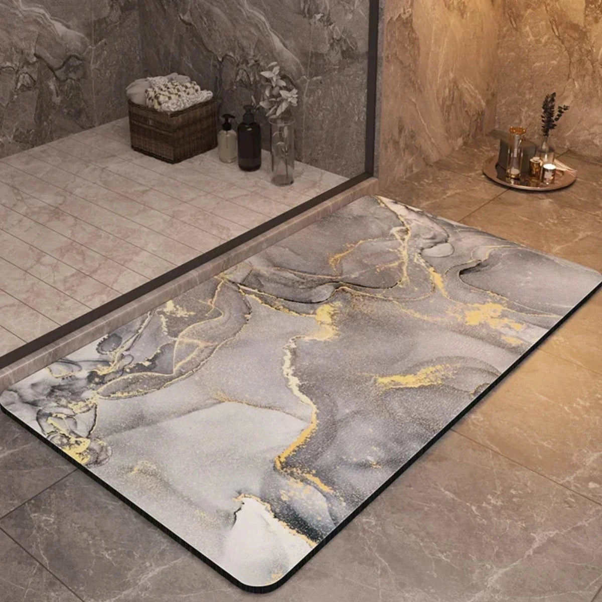 Velanor Marble Bath Mat – Non Slip Rubber Backed Absorbent Quick Dry Bathroom Floor Rug