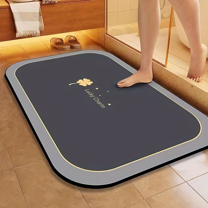 Treflyn Diatomaceous Earth Bath Mat – Quick Dry Non Slip Bathroom Floor Rug Geometric Gold Clover Design