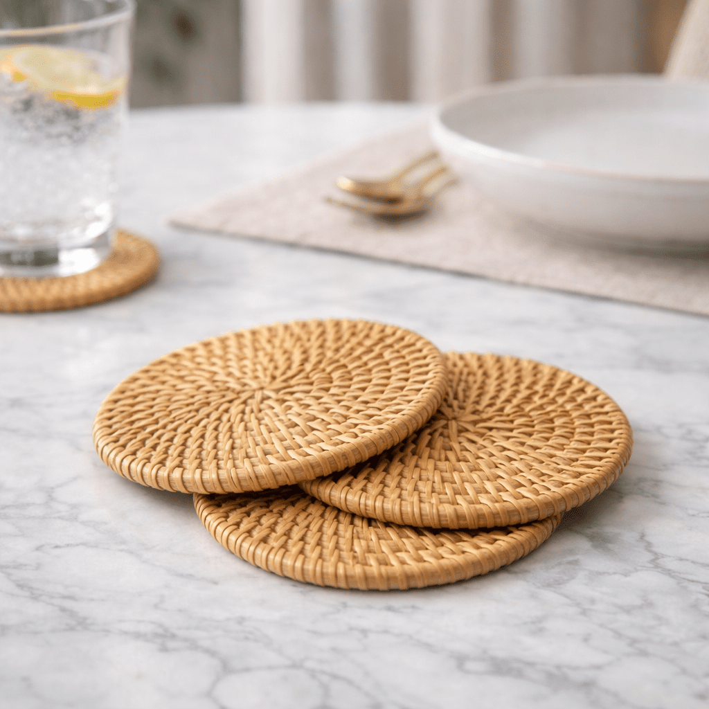Spiralen Woven Coaster Set – Natural Rattan Round Drink Coasters Coffee Table Decor Kitchen Dining Room