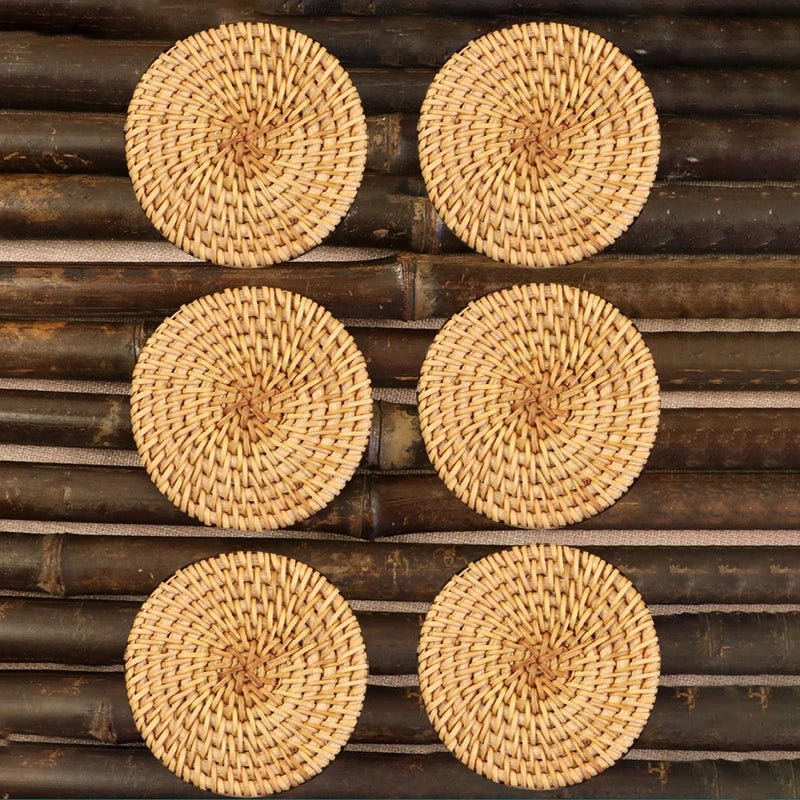 Spiralen Woven Coaster Set – Natural Rattan Round Drink Coasters Coffee Table Decor Kitchen Dining Room