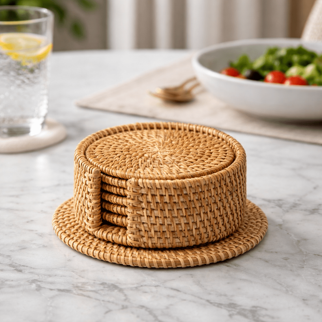 Spiralen Woven Coaster Set – Natural Rattan Round Drink Coasters Coffee Table Decor Kitchen Dining Room
