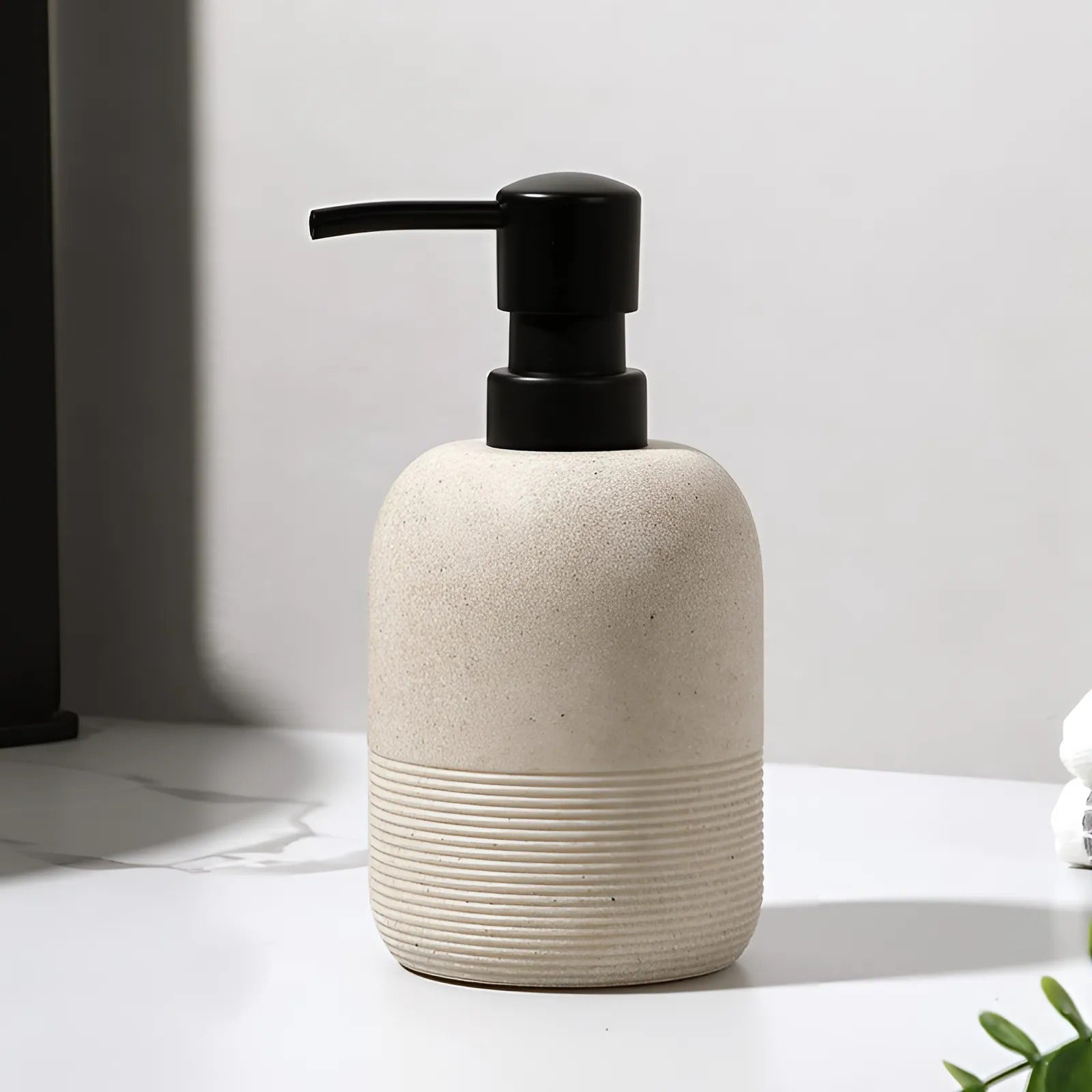Stratum Stone Soap Dispenser – Resin Sandstone Textured Bathroom Countertop Pump Modern Decor