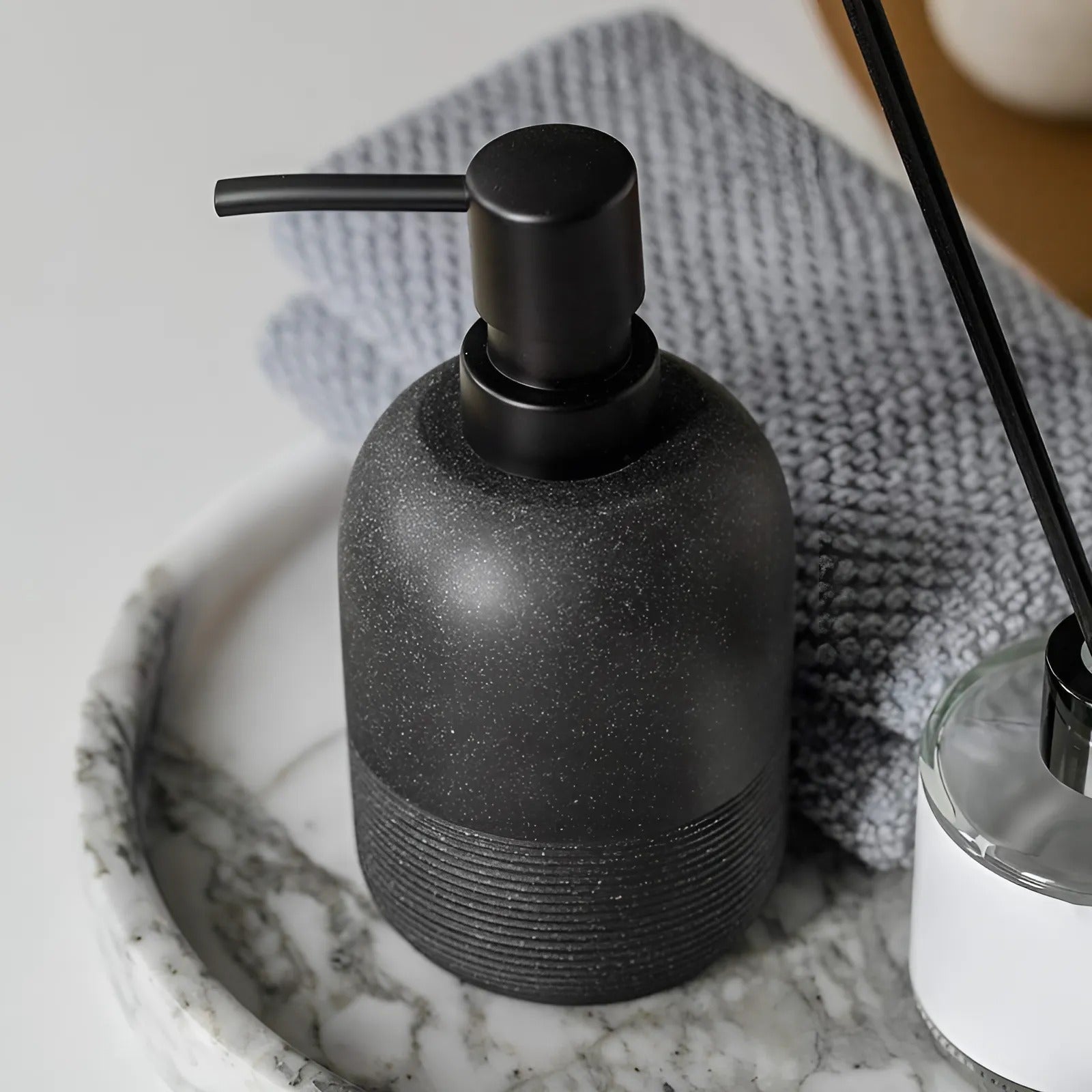 Stratum Stone Soap Dispenser – Resin Sandstone Textured Bathroom Countertop Pump Modern Decor