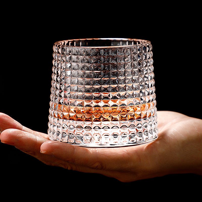 Hexora Rotating Whiskey Glass – Crystal Textured Tumbler Wooden Base Spinning Drinkware Barware