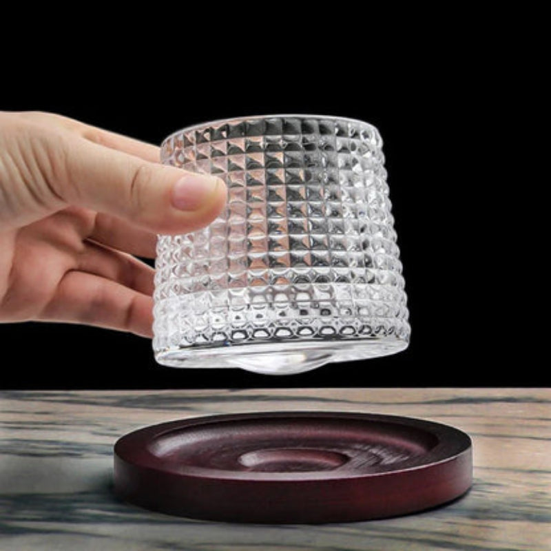 Hexora Rotating Whiskey Glass – Crystal Textured Tumbler Wooden Base Spinning Drinkware Barware