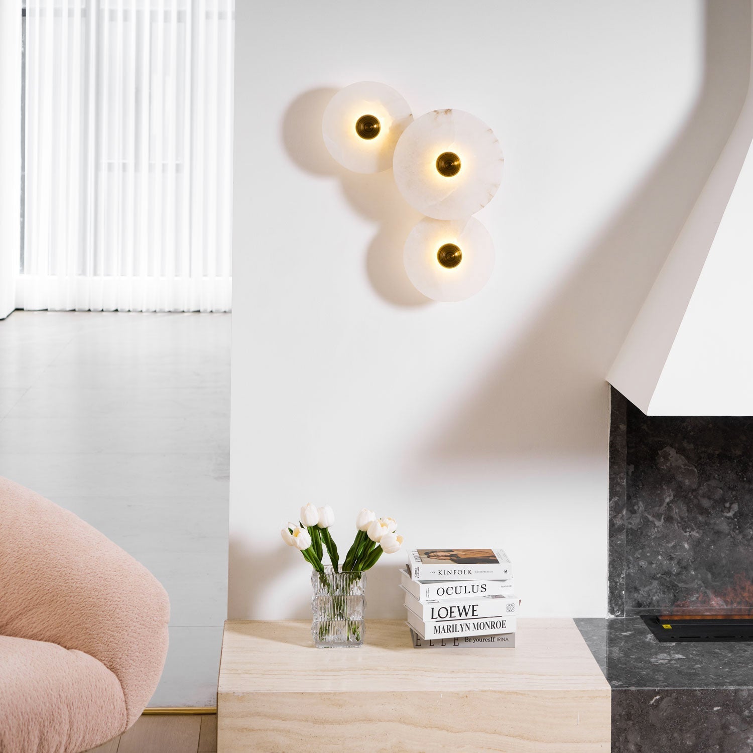Halo Alabaster Disc Wall Lamp - Triple Round Stone Wall Light Feature