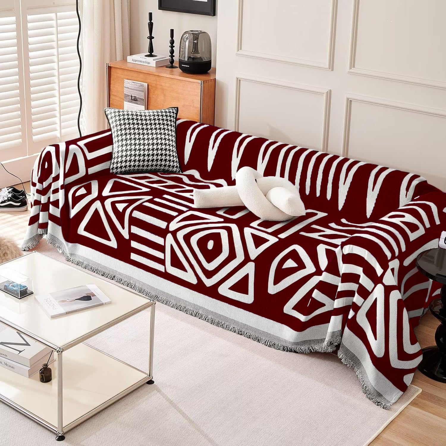 Kintara Sofa Throw – Geometric Tribal Pattern Couch Cover Grey White Cotton Woven Blanket Living Room