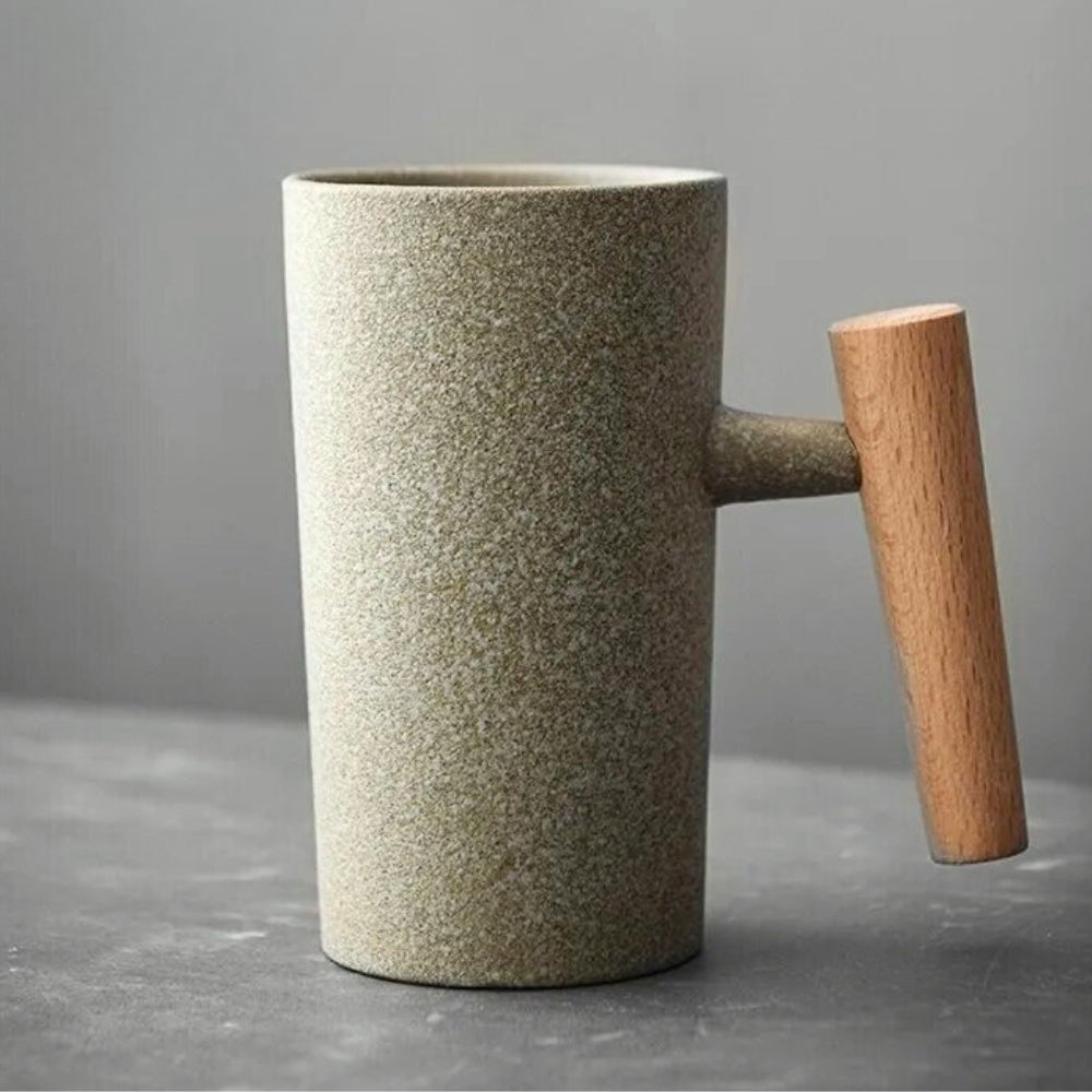 Ashlen Craft Ceramic Mug – Handmade Vintage Coffee Cup Wooden Handle Microwave Dishwasher Safe Kitchen
