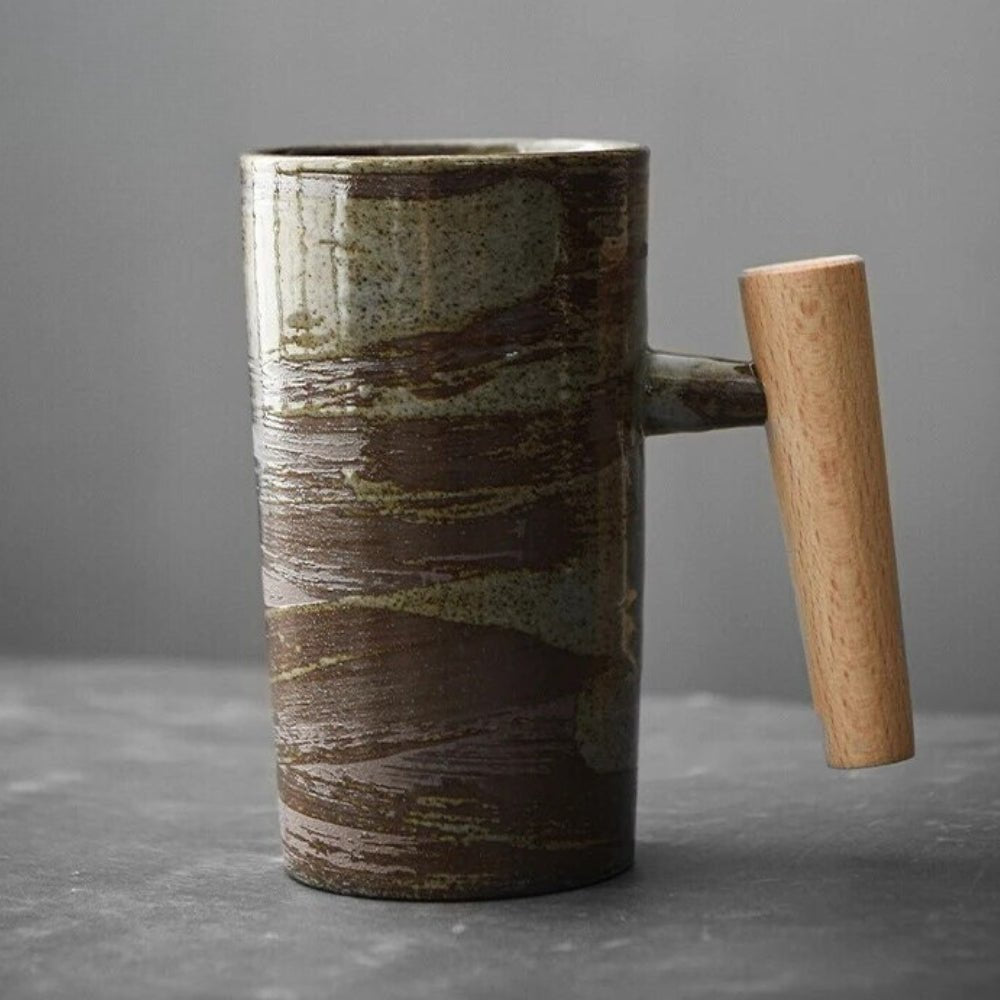 Ashlen Craft Ceramic Mug – Handmade Vintage Coffee Cup Wooden Handle Microwave Dishwasher Safe Kitchen