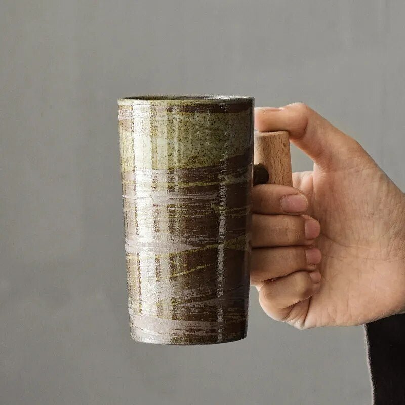 Ashlen Craft Ceramic Mug – Handmade Vintage Coffee Cup Wooden Handle Microwave Dishwasher Safe Kitchen