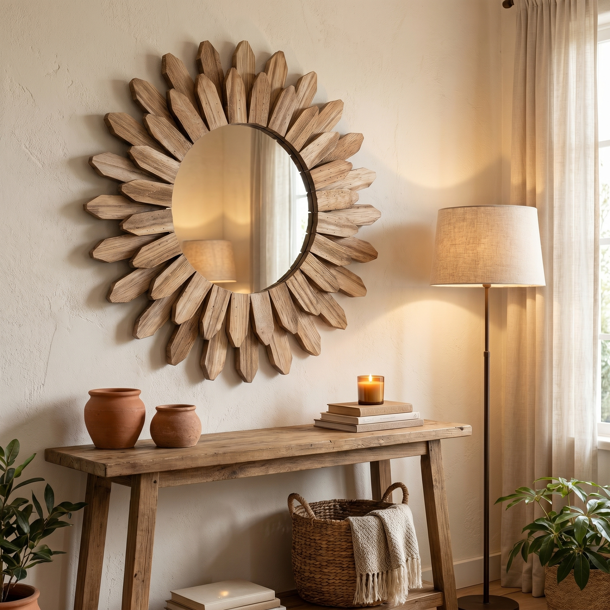 Solarian Sunburst Wall Mirror – Round Natural Wood Decorative Living Room Bedroom Entryway Decor