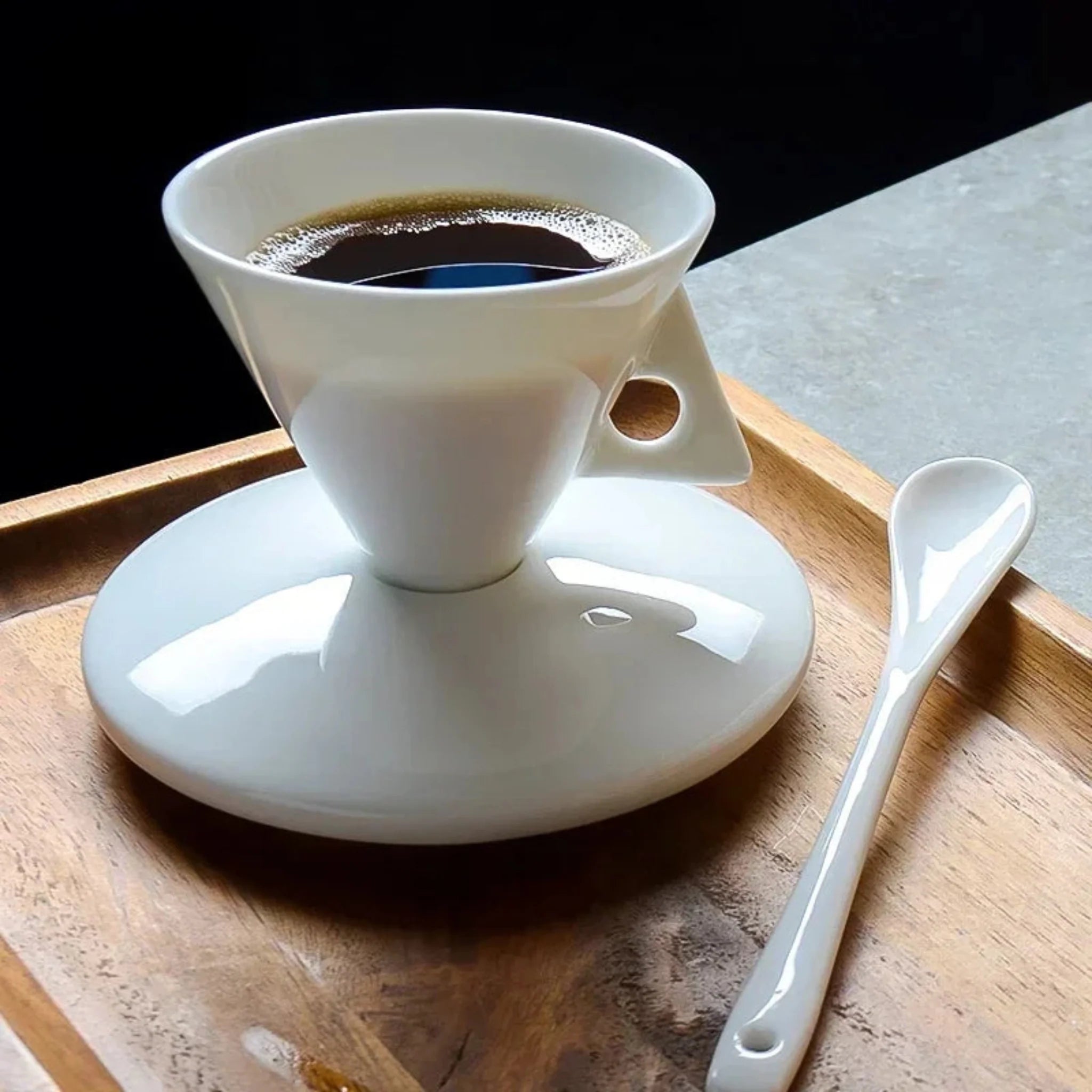 Celeste Espresso Cup Set – Modern White Porcelain Coffee Cups Saucers Spoons Kitchen Dining Tableware
