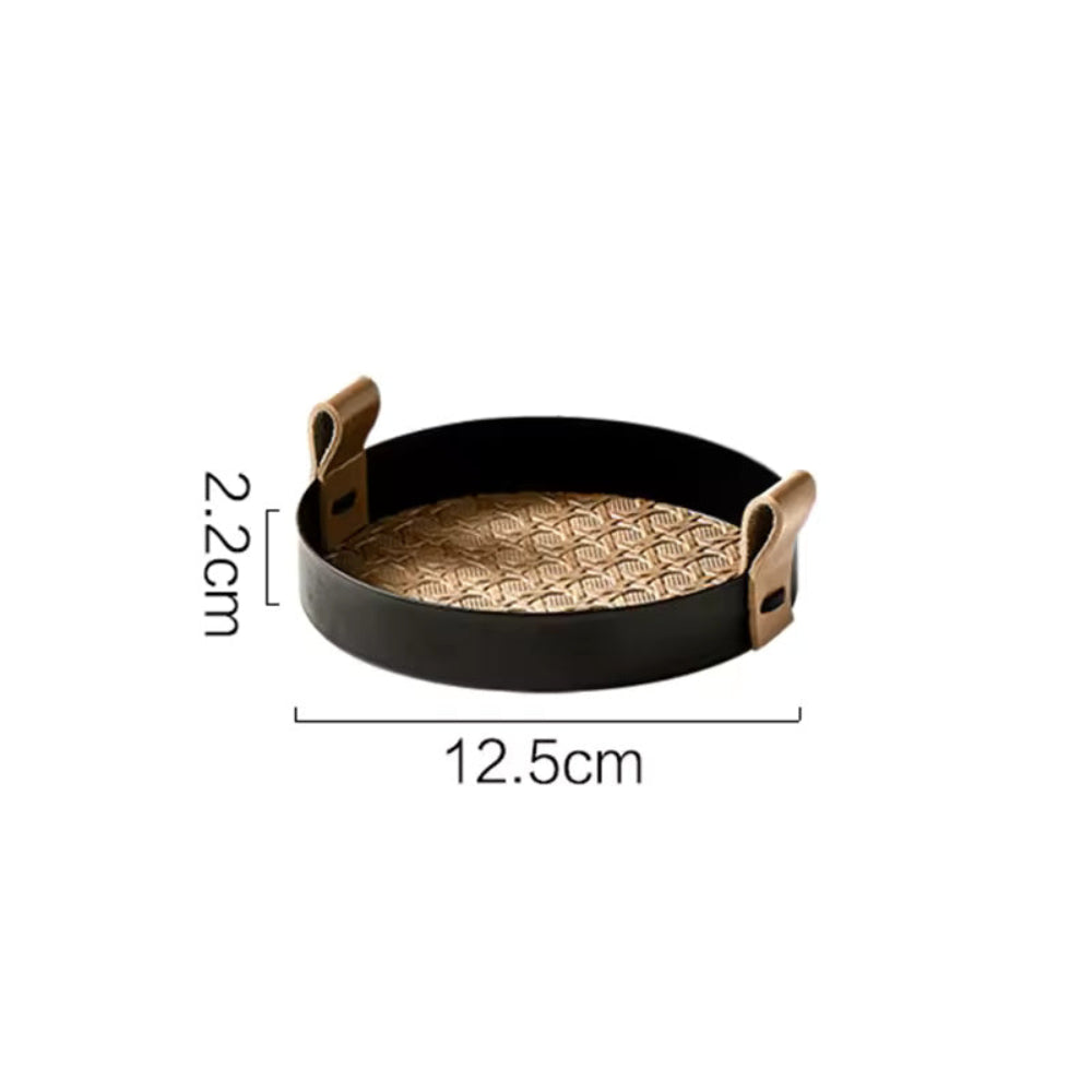 Kintara Round Serving Tray Set – Woven Bamboo Decorative Trays Black Rim Leather Handles Home Decor