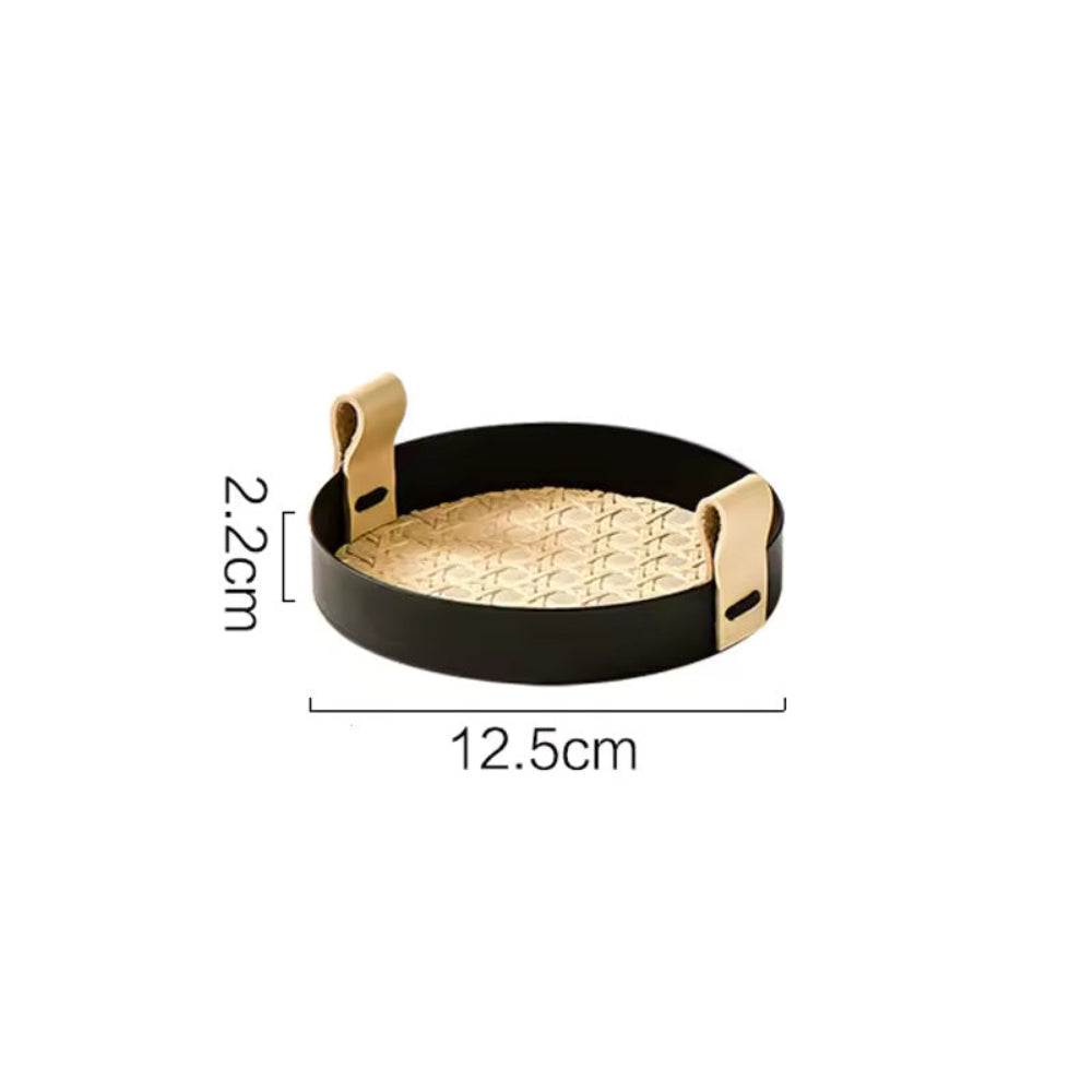 Kintara Round Serving Tray Set – Woven Bamboo Decorative Trays Black Rim Leather Handles Home Decor
