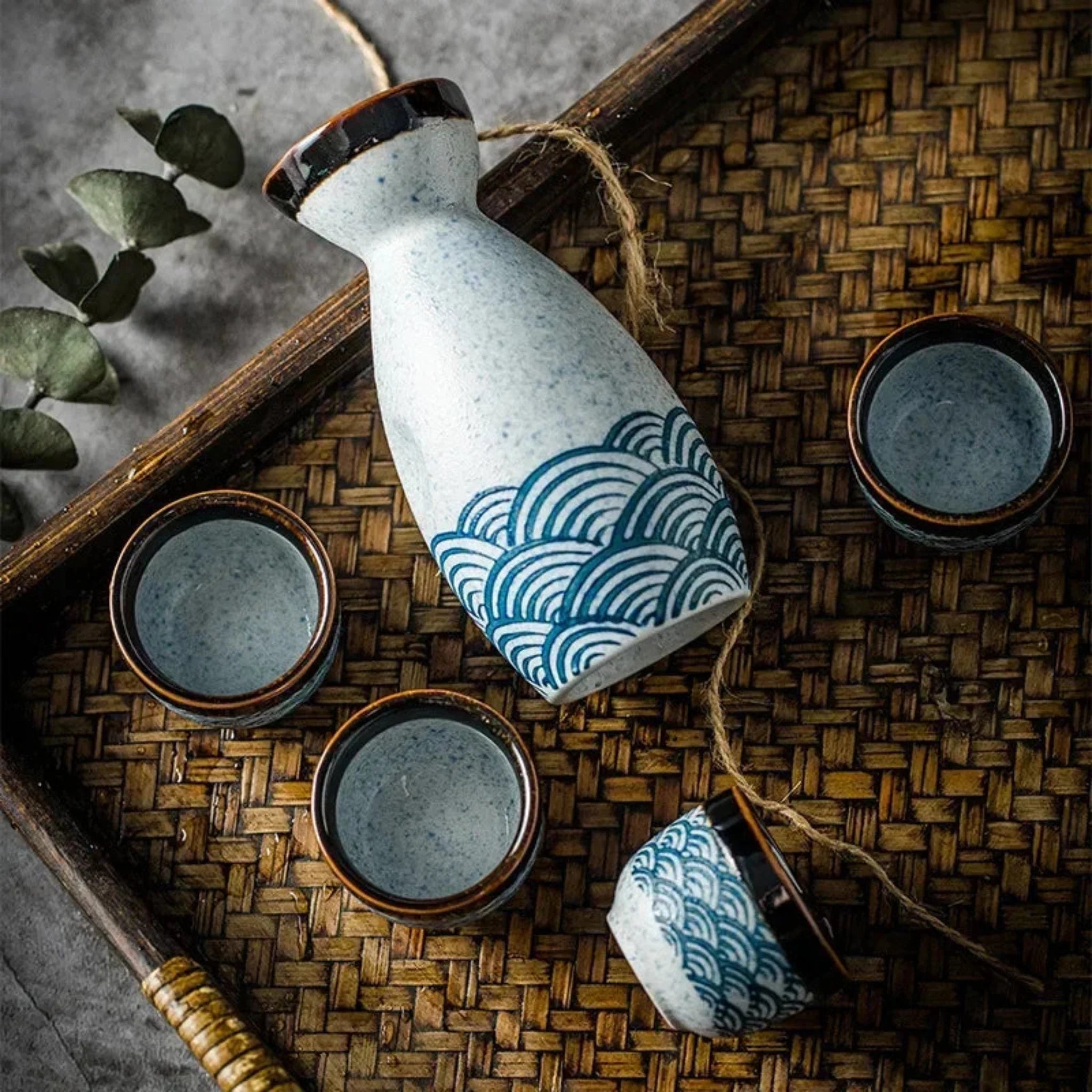 Kagami Sake Set – Handcrafted Japanese Ceramic Sake Bottle Cup Set Decorative Table Living Room