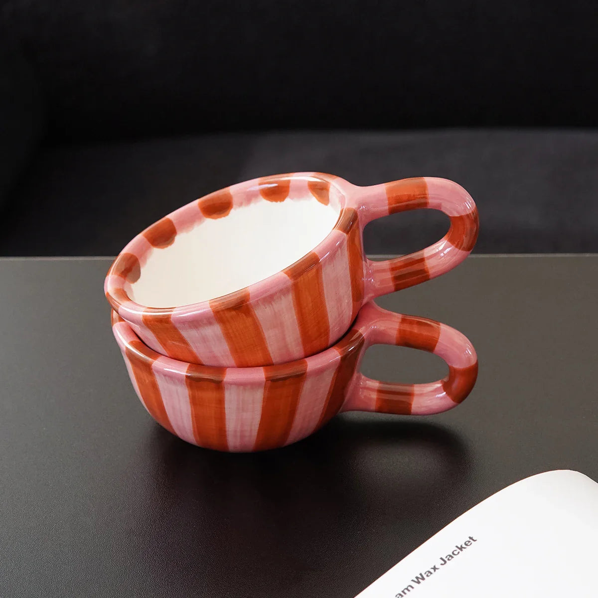 Brezza Stripe Ceramic Mug – Mid Century Modern Decorative Coffee Cup Pink Orange Kitchen Decor