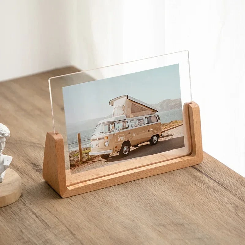 Acrevo Desktop Photo Frame – Acrylic Picture Display Beech Wood Base Decorative Home Office