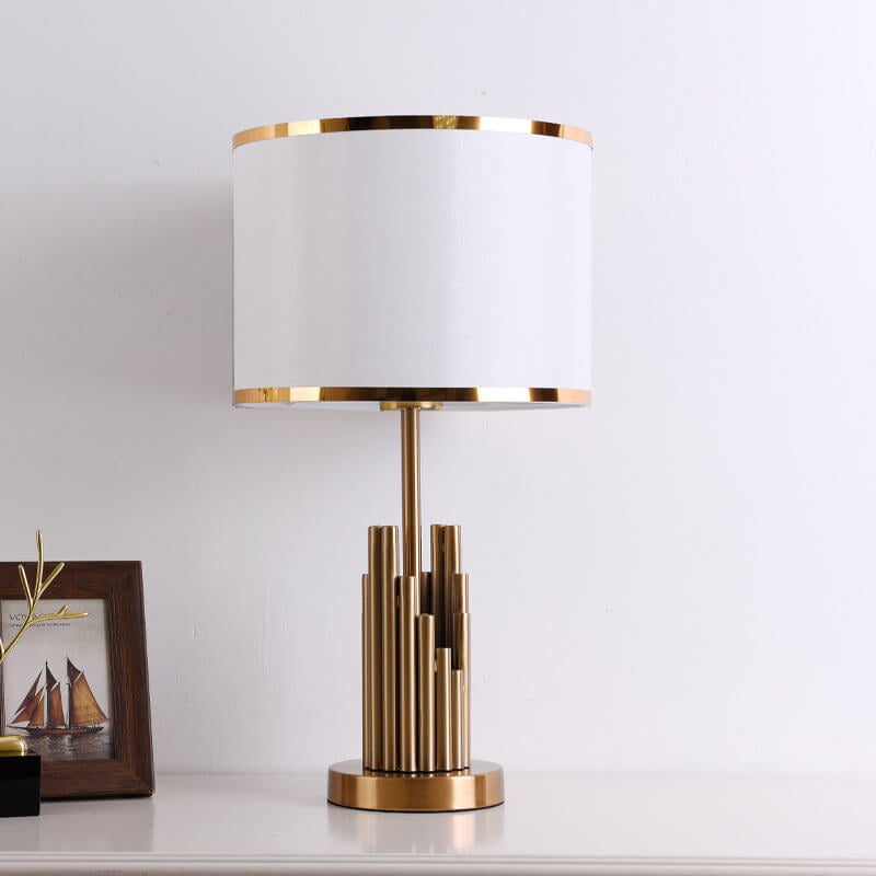Brass Tiered Column Table Lamp – Modern Fabric Shade Bedside Light