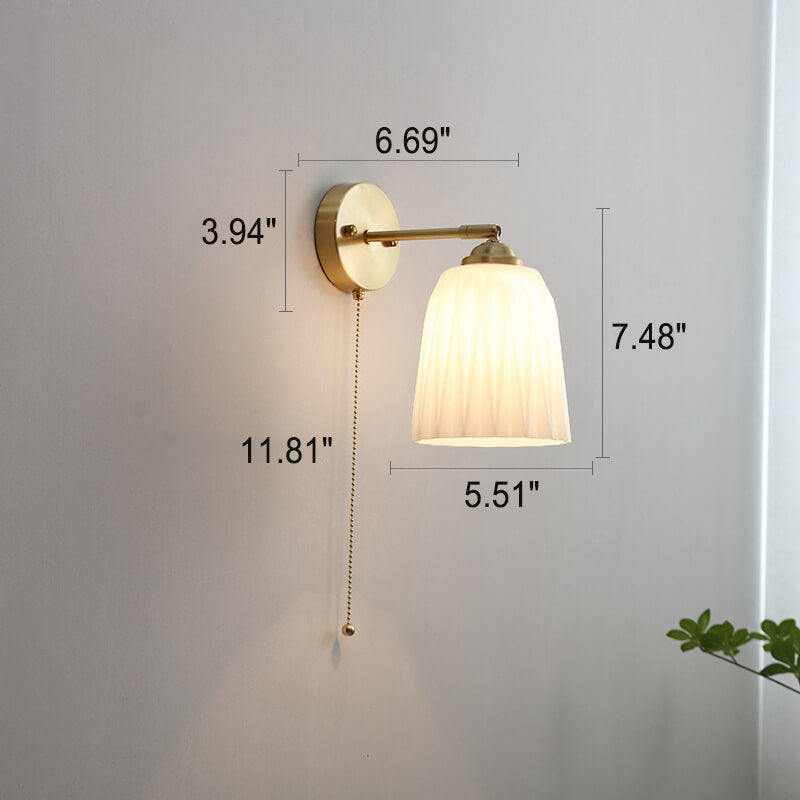 Brass Ribbed Glass Wall Lamp  – Textured Dome Pull-Chain Switch
