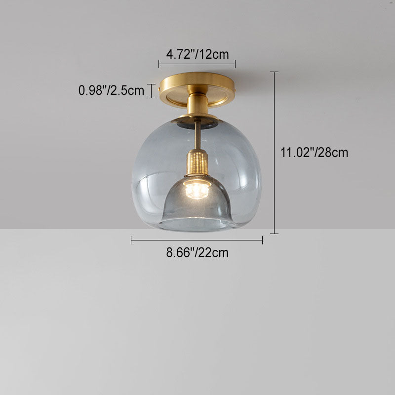Brushed Brass Semi-Flush Ceiling Light with Smoked Glass Globe