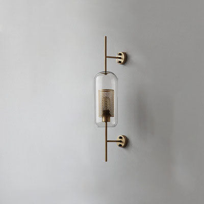 Vertical Glass Tube Wall Lamp Sconce – Perforated Brass Cylinder LED Fixture with Clear Dome Shade