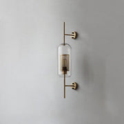 Vertical Glass Tube Wall Lamp Sconce – Perforated Brass Cylinder LED Fixture with Clear Dome Shade