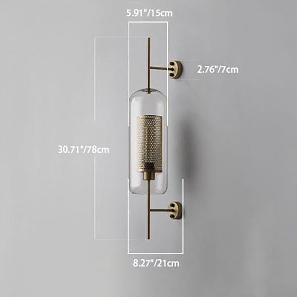 Vertical Glass Tube Wall Lamp Sconce – Perforated Brass Cylinder LED Fixture with Clear Dome Shade