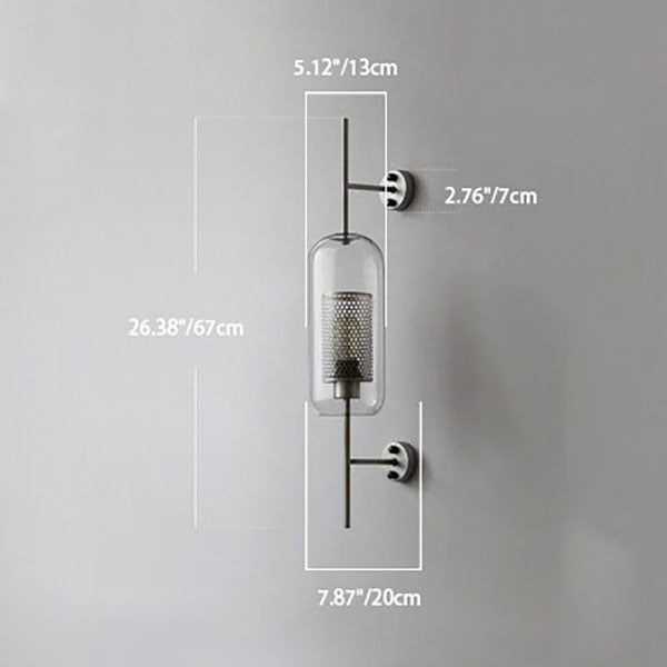 Vertical Glass Tube Wall Lamp Sconce – Perforated Brass Cylinder LED Fixture with Clear Dome Shade