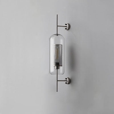 Vertical Glass Tube Wall Lamp Sconce – Perforated Brass Cylinder LED Fixture with Clear Dome Shade