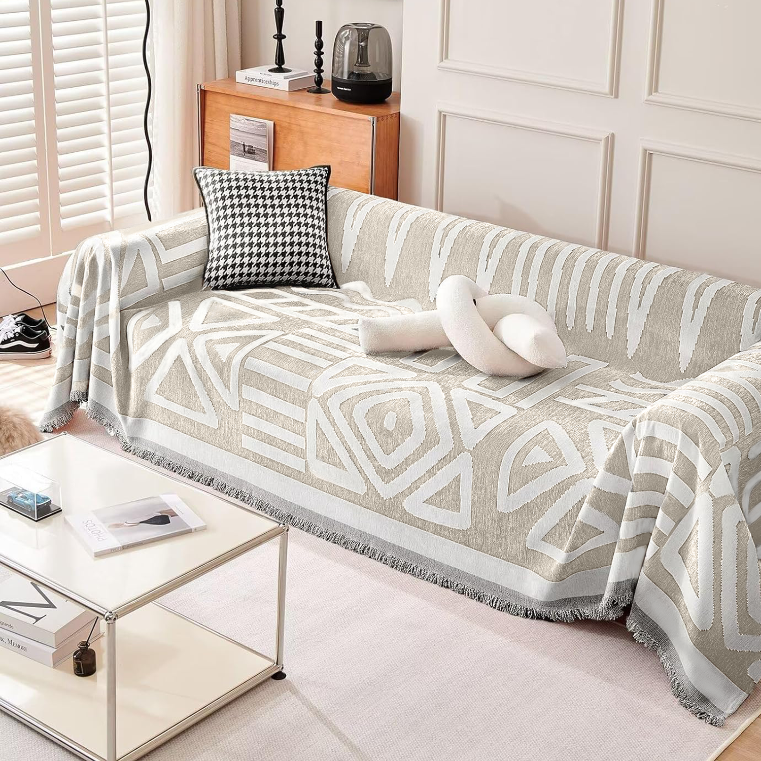 Kintara Sofa Throw – Geometric Tribal Pattern Couch Cover Grey White Cotton Woven Blanket Living Room